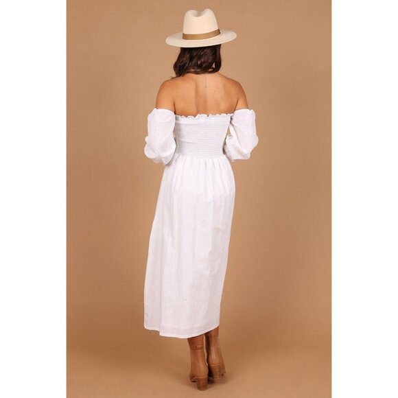 PETAL & UP Domenica Shirred Long Sleeve Midi Dress Size S White NWOT Linen Blend - Picture 4 of 10